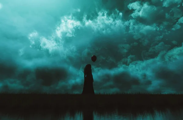 Ghost woman or ghost bride with balloon standing alone in grass field — Stock Photo, Image