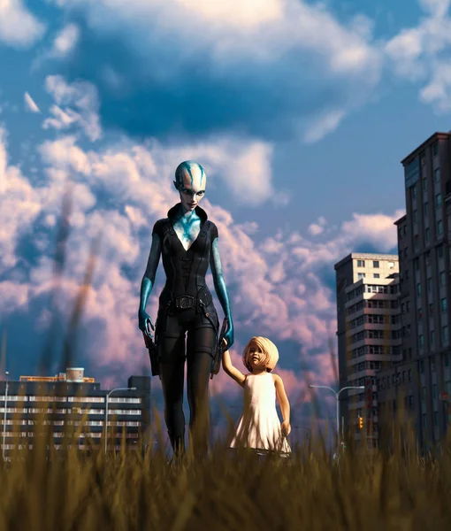 Alien kvinna Walking med flickan i övergivna staden, 3D-rendering — Stockfoto