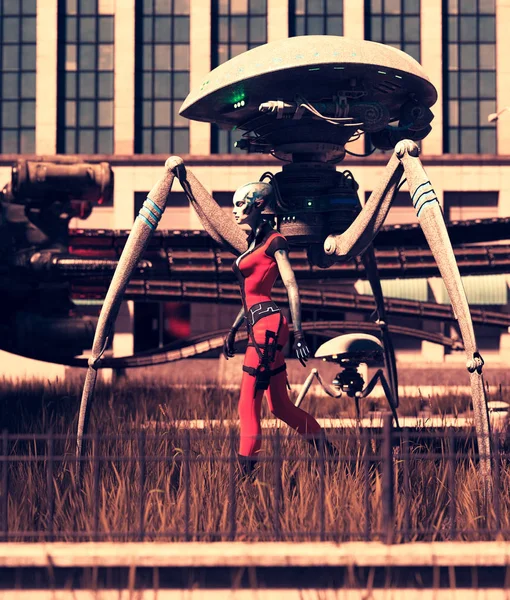 Alien girl visiting an abandoned city after the world is destroyed — Stock Photo, Image