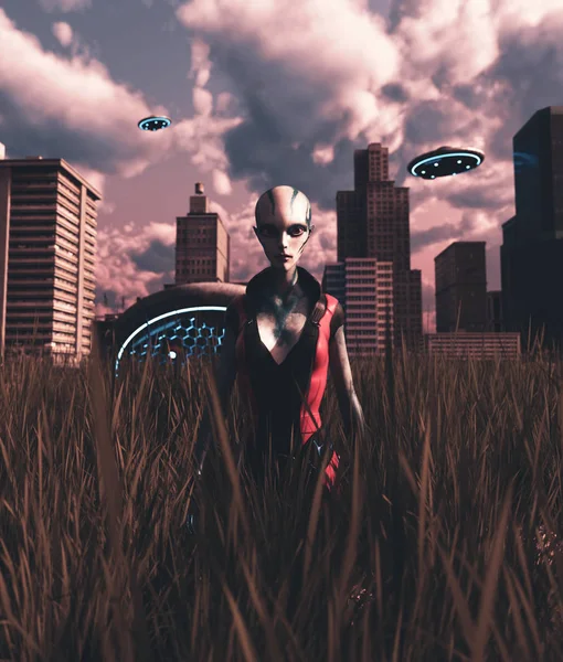 世界被摧毁后，外星女孩访问一个废弃的城市 — 图库照片