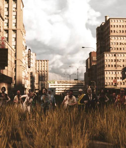Группа зомби в заброшенном городе, 3D рендеринг — стоковое фото