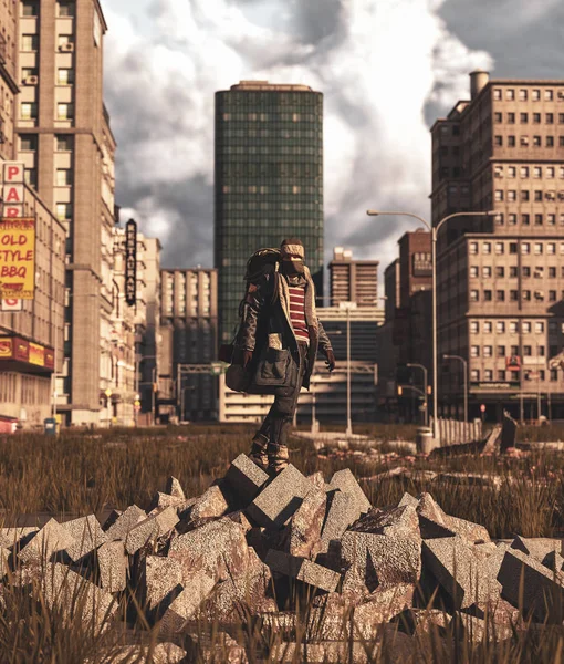 Рэкетир стоит на помойке в заброшенном городе — стоковое фото