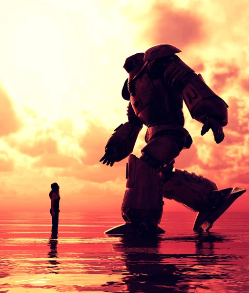 Девушка, стоящая в море, глядя на гигантского робота — стоковое фото