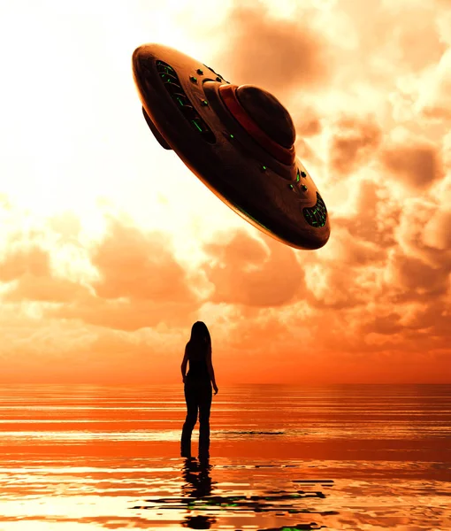 Mädchen, das im Meer steht und auf eine Ufo-Untertasse blickt, 3d Illustration — Stockfoto