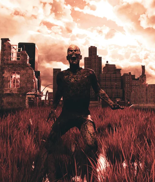 Zumbi assustador na cidade abandonada, 3d renderização — Fotografia de Stock