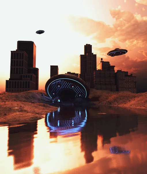 Ufo saucer crash in abandoned city,3d rendering — Stock Photo, Image