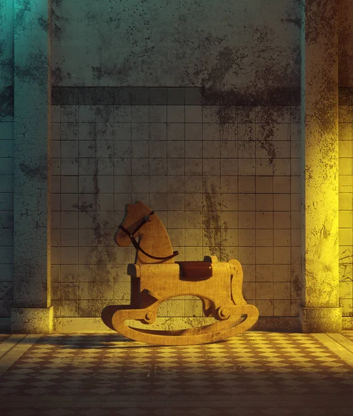 Скачущая лошадиная игрушка в коридоре с привидениями, 3d иллюстрация — стоковое фото