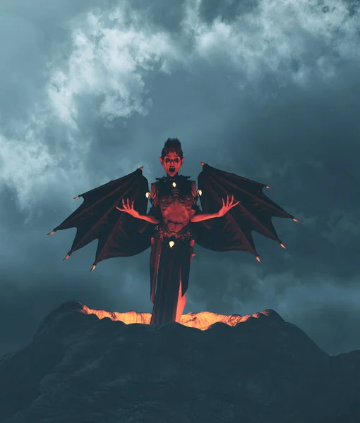 분화구에서 날아오는 악마,3D 일러스트 — 스톡 사진