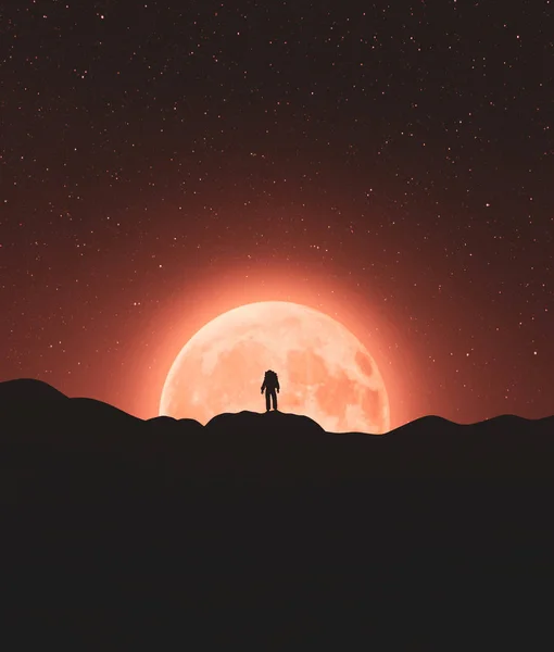 Astronot büyük ay, 3d render ile bir dağ zirvesinin tepesinde — Stok fotoğraf