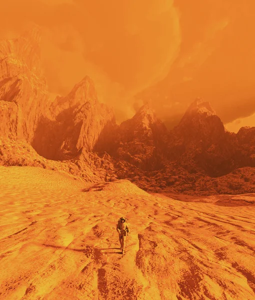 Mars 'da astronot yürüyüş, 3D illüstrasyon — Stok fotoğraf