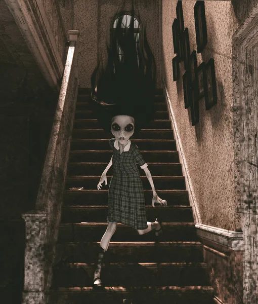 Szellem lány a kísértetjárta házban, 3D illusztráció — Stock Fotó