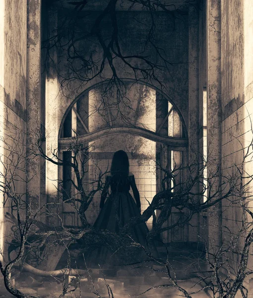 Дівчина-привид в будинку з привидами, 3d ілюстрація — стокове фото