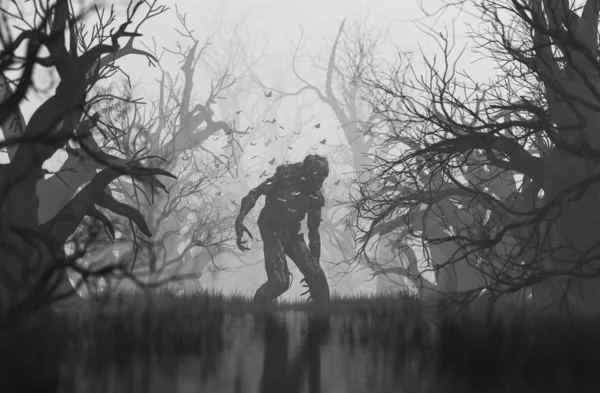 Monster in griezelig bos, 3D-illustratie — Stockfoto