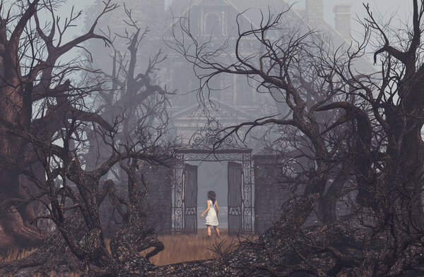 Girl enter to haunted manor,3d illustration