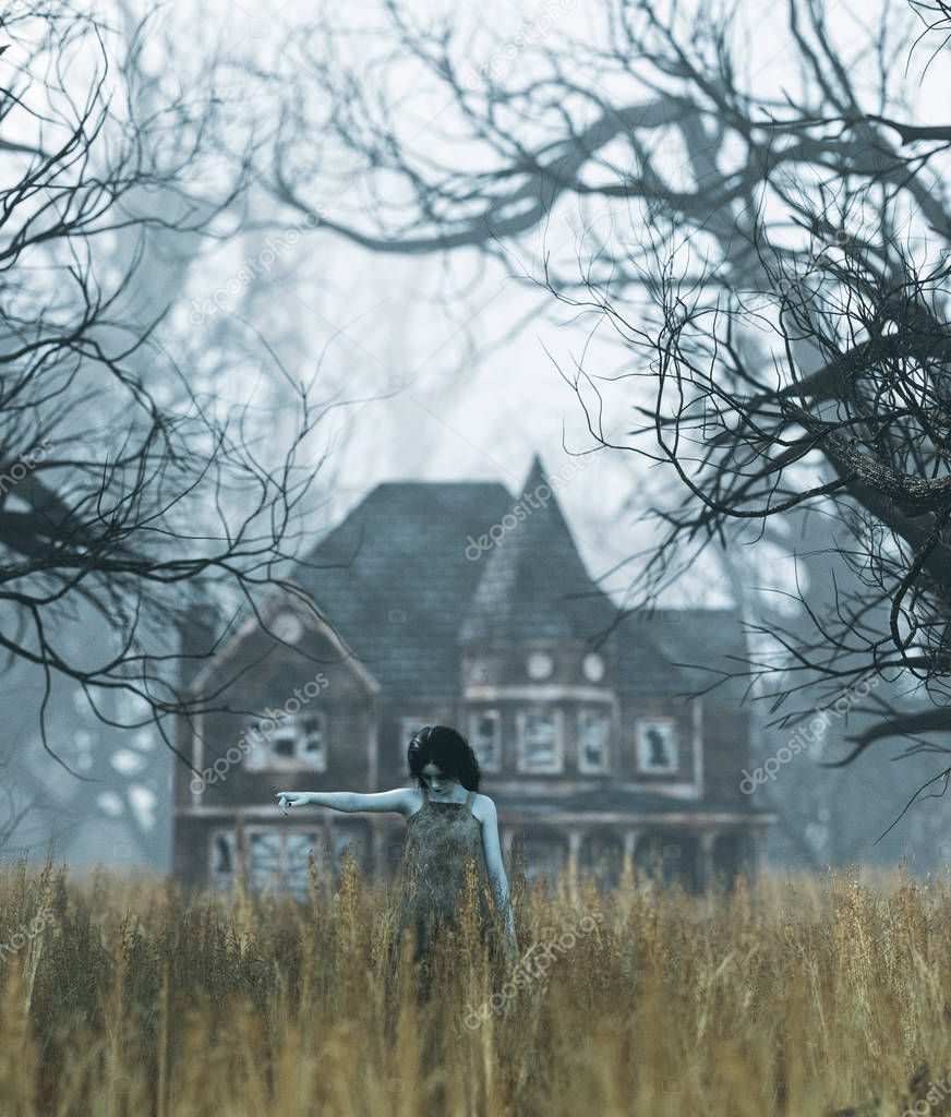 Ghost girl with haunted house scene in creepy forest,3d illustration