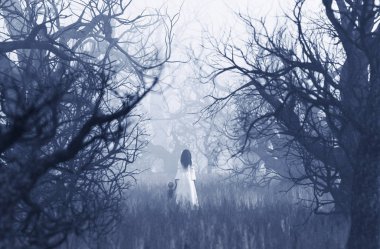 Beyaz elbiseli kadın, çocukla birlikte perili ormanda yürüyor.