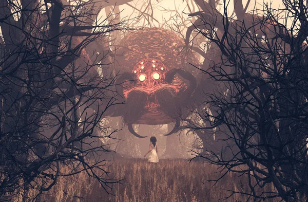 Дівчина дивиться на гігантського павука в моторошному лісі, 3d рендеринг — стокове фото