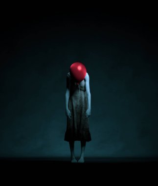 Kırmızı balon kafalı hayalet kadın,3d render