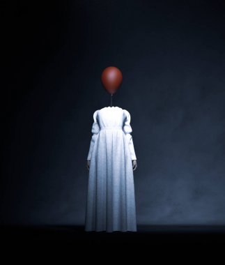 Kırmızı balon ile beyaz başsız hayalet kadın, 3d render