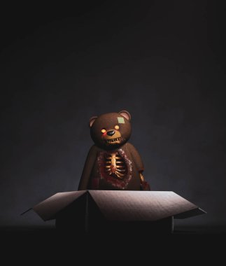 Karanlıkta açık karton kutuda korkunç oyuncak ayı, 3d render 