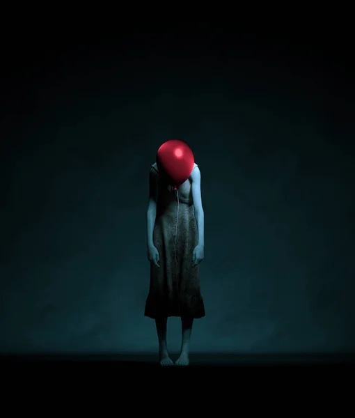 Mujer fantasma con cabeza de globo rojo, representación 3d —  Fotos de Stock