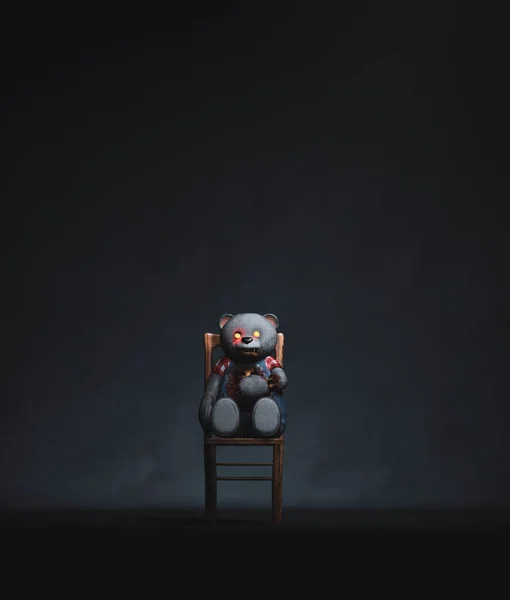 Orso giocattolo spaventoso seduto sulla sedia, rendering 3d — Foto Stock