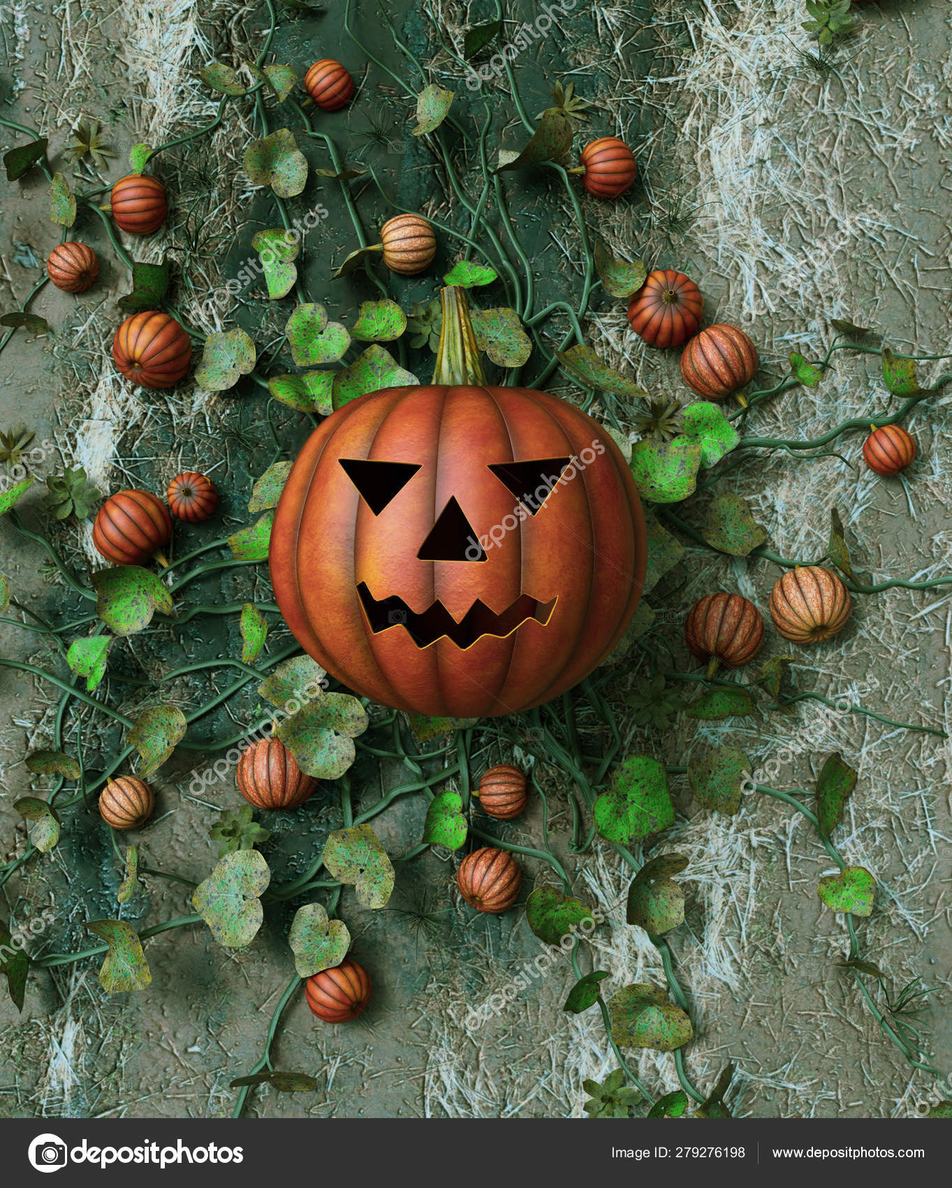 Halloween Pumpkin Jack Decorated On Pumpkin Vines3d