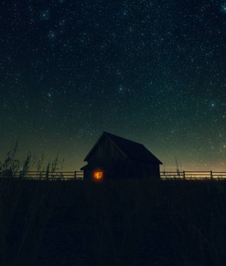 Gece eski ahır Sahnesi, 3d render
