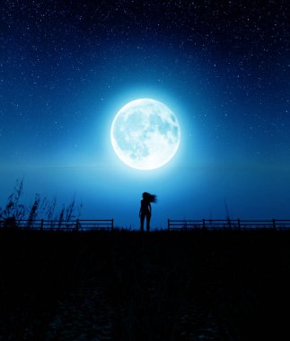 Kız için ay yıldızlı gece, 3d render yürüyüş