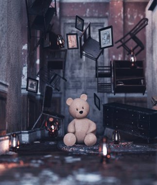 Terk edilmiş evde oyuncak ayı, 3d render