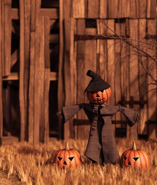 Scarecrow pompoen voor oude schuur, 3D rendering — Stockfoto