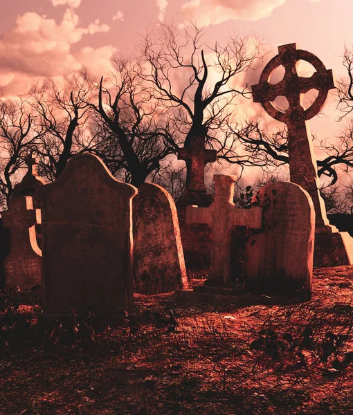 Scena spaventosa del cimitero infestato, rendering 3d — Foto Stock