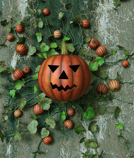 Halloween Pumpkin jack decorated on pumpkin vines,3d rendering