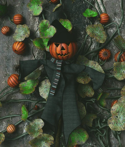 Scarecrow pumpkin decorated on pumpkin vines,3d rendering — Stock Photo, Image