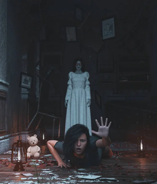 Flickan är skräckslagen av ondsint ondska som bor i ett spökhus — Stockfoto