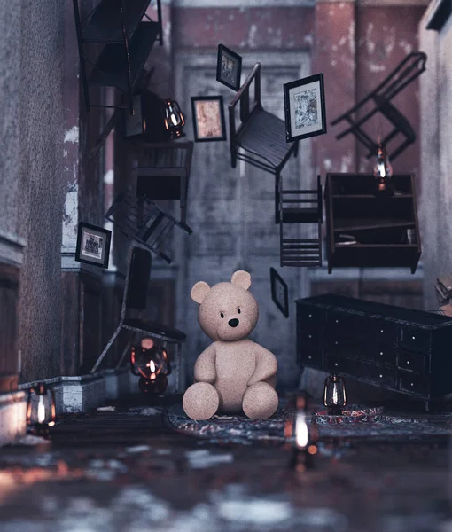 Nallebjörn i övergivna hus, 3D-rendering — Stockfoto