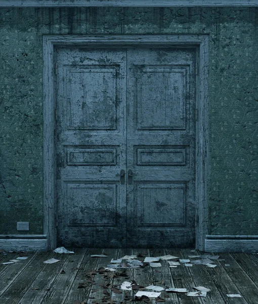 Porte di una casa infestata, rendering 3d — Foto Stock