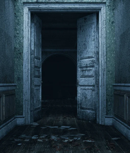 Egy régi ajtók elhagyott házban, 3d-leképezés — Stock Fotó