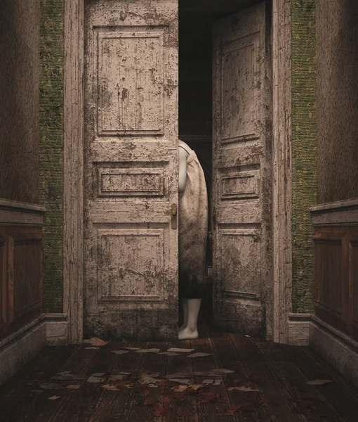 3D απεικόνιση φάντασμα γυναίκας στο στοιχειωμένο σπίτι — Φωτογραφία Αρχείου