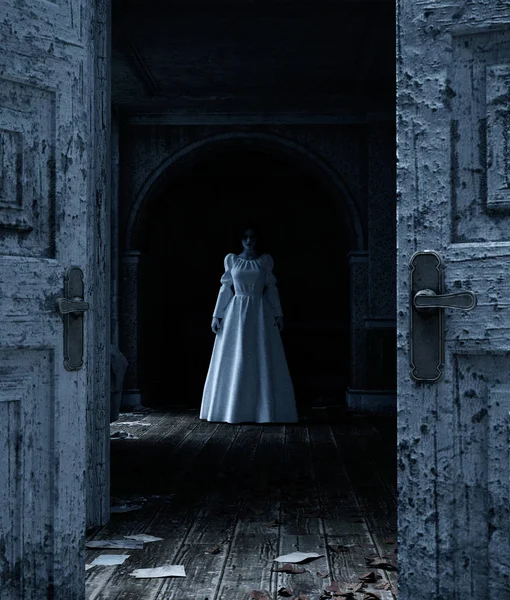 3d иллюстрация призрачной женщины в доме с привидениями — стоковое фото