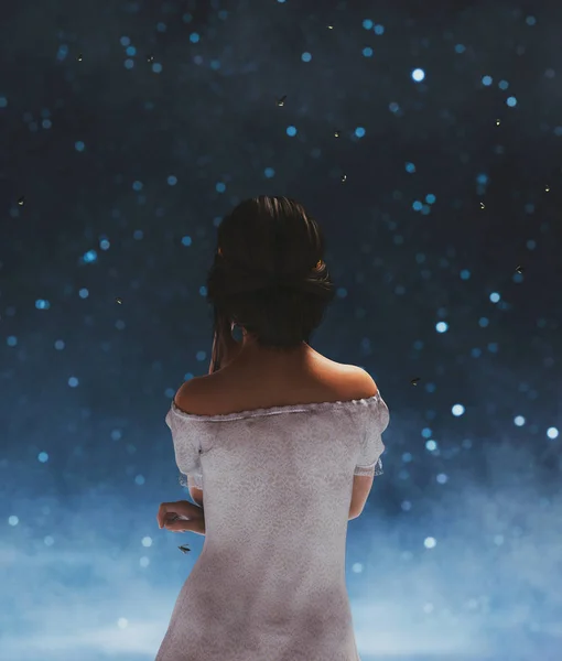 星空の夜にホタルを見ている女の子 3Dイラスト — ストック写真