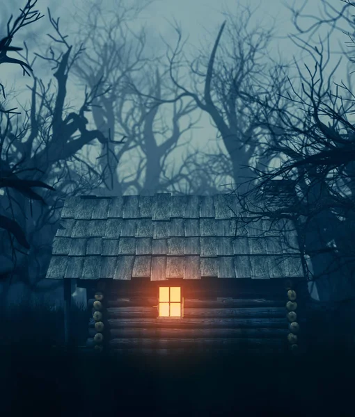 Lumière Fenêtre Une Vieille Cabane Dans Une Forêt Hantée Illustration — Photo