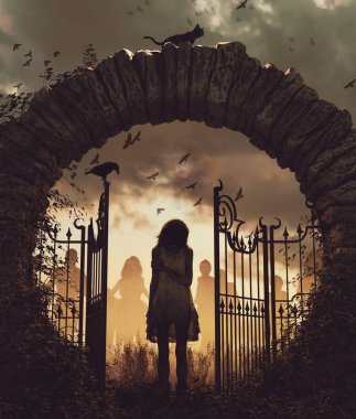 Ghost girl at the gate,3d illustration for book cover,vertical clipart