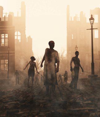 Bir salgın, 3d illüstrasyon sonra harap şehirde Zombiler horde 