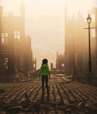 Girl walking alone in abandoned city,3d rendering clipart