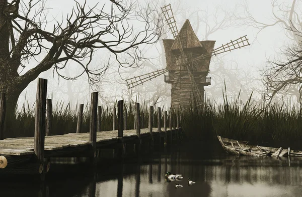 Antiguo molino de viento junto al lago, 3d renderizado — Foto de Stock