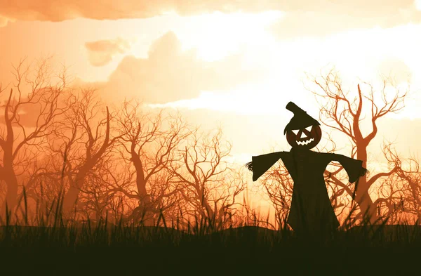 Scarecrow Pumpkin decorated in creepy forest,3d rendering — Stock Photo, Image