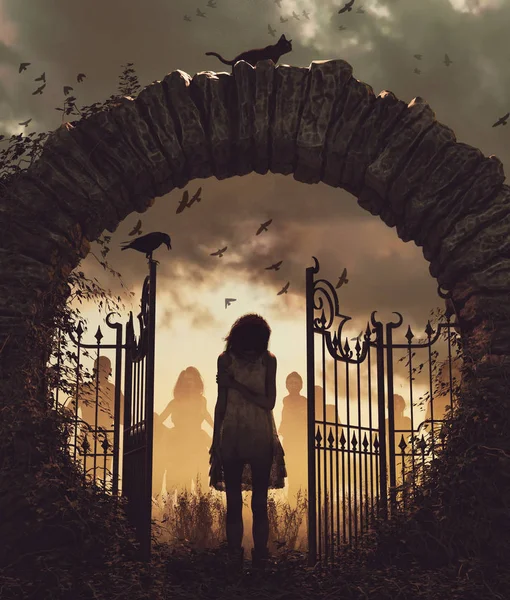 Ghost girl at the gate,3d illustration for book cover,vertical — Stock Photo, Image