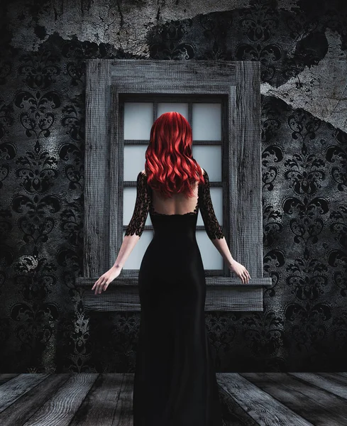 Nő sétál az ablakon a kísértetjárta házban, 3D illusztráció — Stock Fotó
