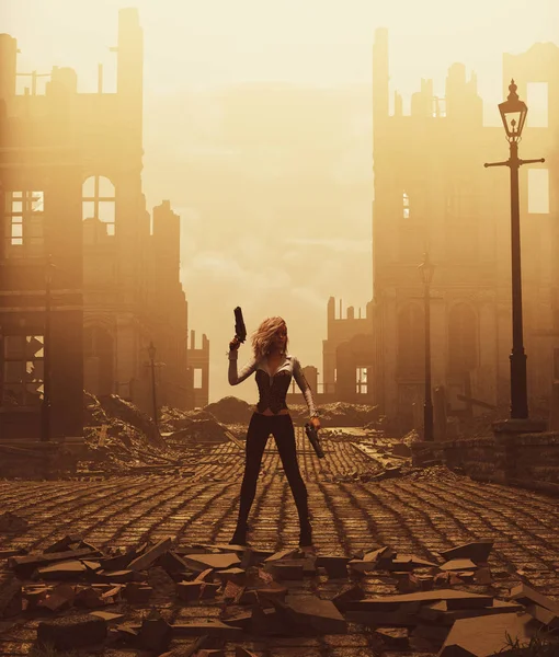 Sci-fi fiction girl with pistols in ruined city,3d illustration — Stock Photo, Image